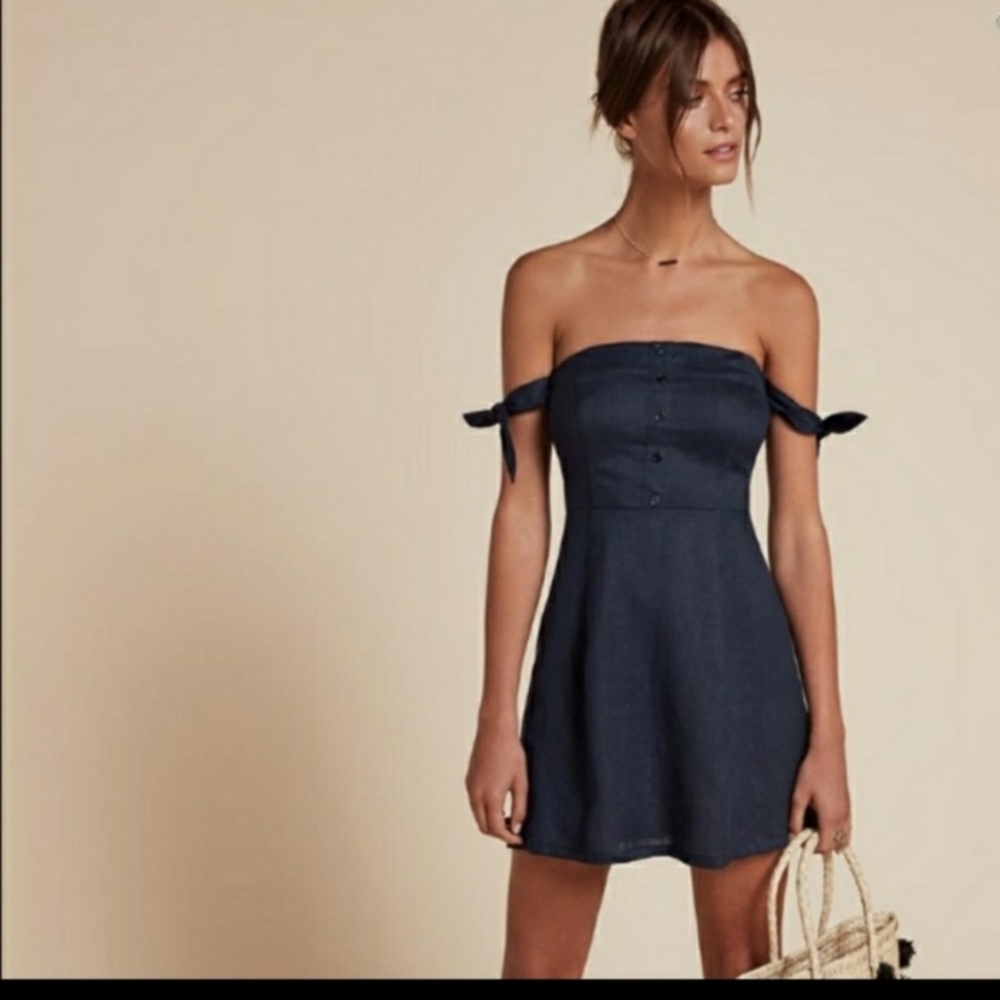 Reformation Dark Blue Off-Shoulder Mini Dress